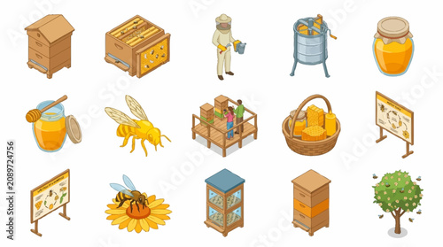 Foto Colorful flat vector illustration of beekeeping and honey production elements