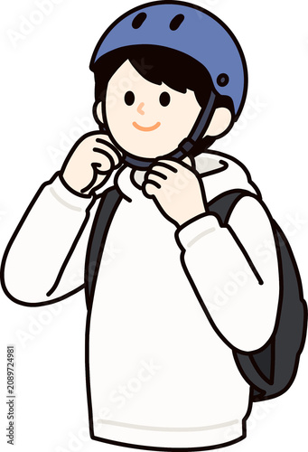 Canvastavla Young man putting on a blue safety helmet, boy with backpack vector illustration