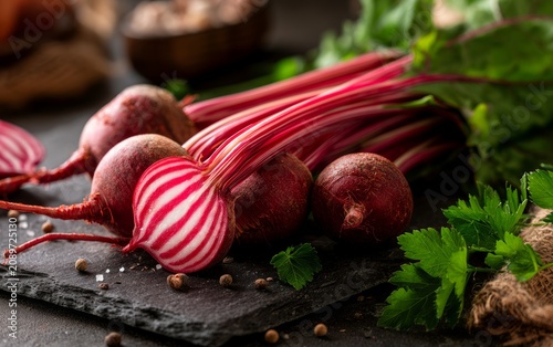 Freshly Harvested Striped Beetroot with Greens on Slate Background for Culinary Inspiration