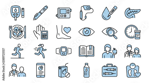 Foto A professional set of blue line icons for diabetes care, blood glucose monitoring, insulin therapy, medical equipment, healthy lifestyle, endocrinology, patient support, and healthcare technology