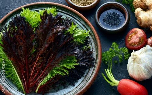 Freshly Harvested Mixed Greens and Vegetables on Rustic Plate with Ingredients for Healthy Meal