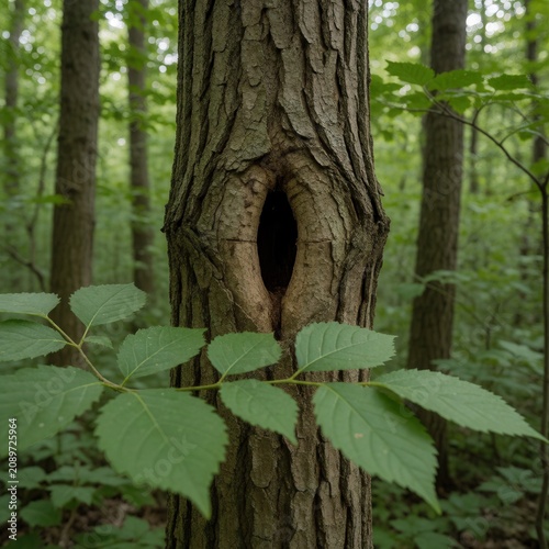 Hollow tree trunk with natural dark knot hole in deep forest woodland