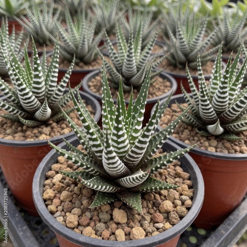 Group of zebra haworthia succulents in plastic pots, small patterned