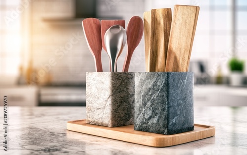 Elegant Kitchen Utensil Holder with Wooden and Metal Tools on Marble Countertop in Modern Kitchen
