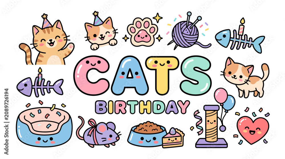 Obraz premium Cute hand drawn cats birthday party doodle set.
