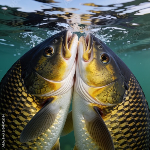 Two carp fish kissing underwater with intricate golden scales, macro