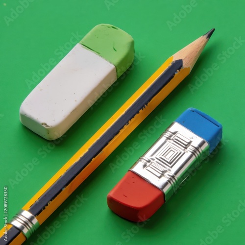 yellow pencil with two different erasers on green surface for school