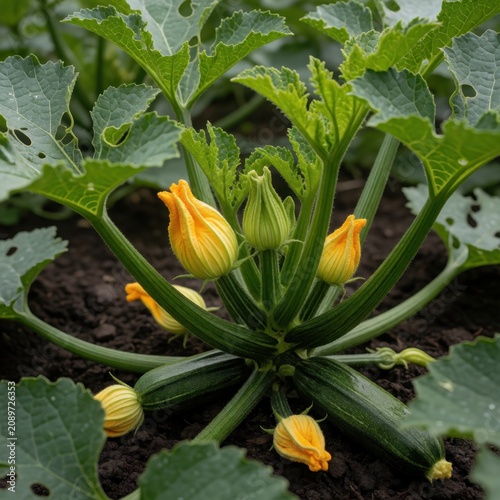 Zucchini plant with yellow blossoms and green vegetables growing in