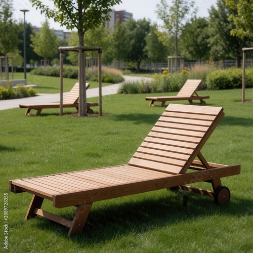 Wooden sun loungers in sunny public park, leisure relaxation, garden