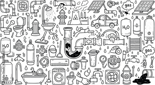 Fotografía Comprehensive plumbing and utility infrastructure doodle icons with plumbing inf