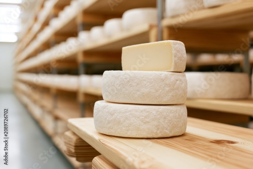 Freshly Manufactured Cheese Wheels in Industrial Food Production Facility with Shelving System