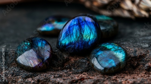 Close-Up of Polished Labradorite Gemstones with Stunning Blue and Green Reflections on Stone