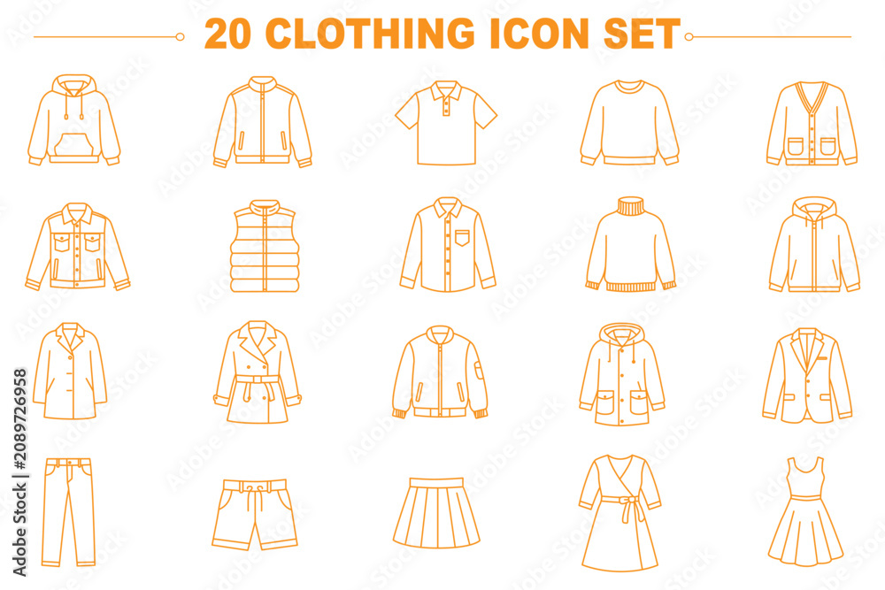 Fototapeta premium Clothing outline vector icon set with shirts, jackets, pants and fashion apparel line collection