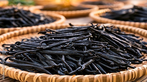 Close-Up of Freshly Harvested Vanilla Orchid Pods in Natural Light on a Wooden Surface