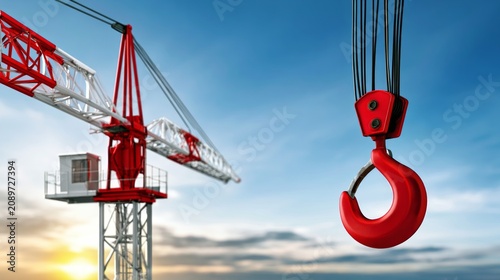 Industrial Crane Hook in Construction Scene Under Clear Blue Sky During Daytime