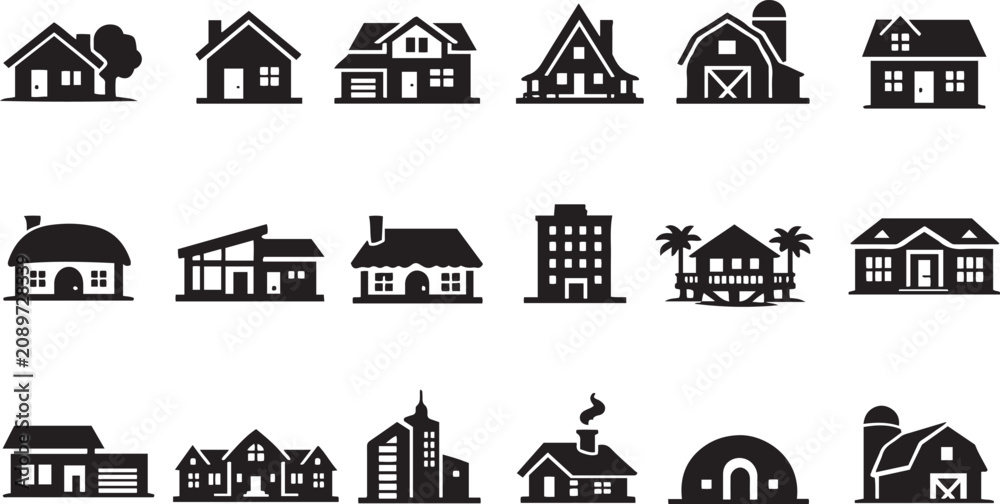 Fototapeta premium House Silhouettes Black Flat Icons On White Background