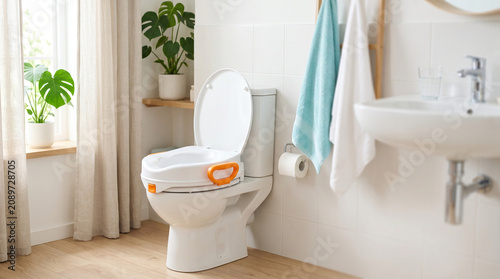Raised toilet seat lid in modern bathroom with plants and towels  