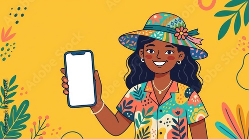 Young woman holding a smartphone with a blank white screen, wearing a colorful floral summer outfit and a sun hat, isolated on a bright yellow background with botanical patterns
