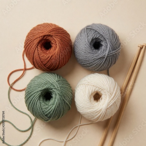 four balls of yarn in autumn colors with wooden needles, hobby