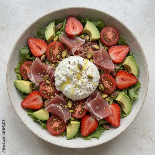 Fresh burrata salad with strawberries, prosciutto, avocado, cherry