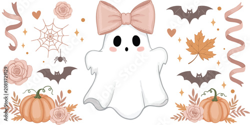 A cute white ghost wearing a pink bow surrounded by pumpkins bats autumn leaves and spider webs for a festive fall halloween celebration design