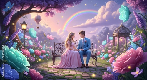 Romantic couple in floral garden celebrating world photography day with dreamlike imagery
