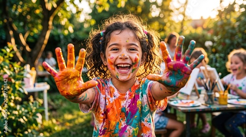Cheerful little girl laughing and showing her colorful paint-covered hands to the camera during an outdoor finger painting class in a sunny garden.