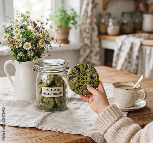 Homemade Green Cookies in Rustic Kitchen With Child Hand