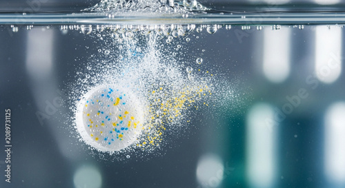 Effervescent tablet dissolving in water, bubbles and particles spreading