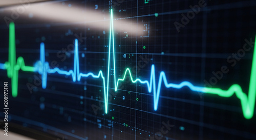 Electrocardiogram monitor screen displaying heart rhythm, medical technology