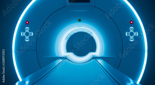 Futuristic Medical Scanner Tunnel, MRI Machine, Healthcare Technology, Blue Neon Lights