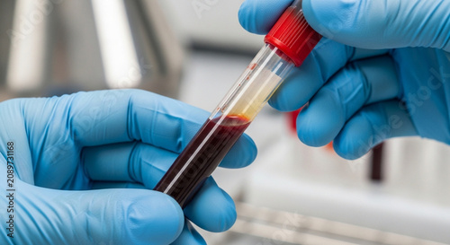 Gloved Hands Holding Blood Sample Tube - Medical Laboratory Analysis
