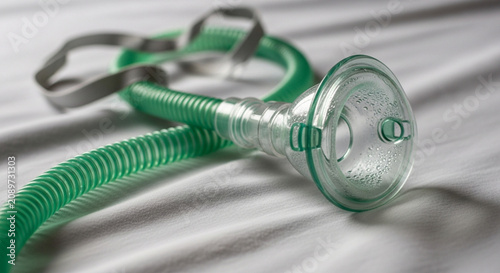 Medical Breathing Mask and Tube on White Bedding Close-up