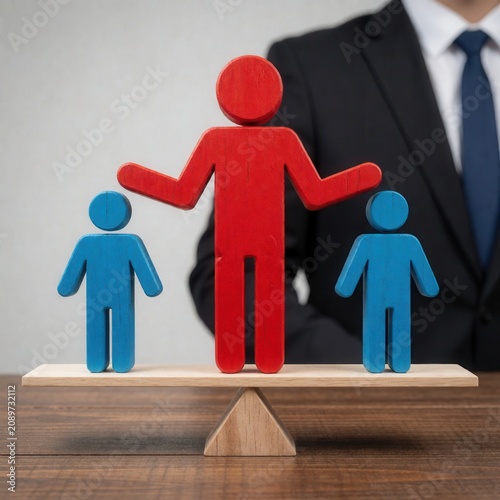 Businessman balancing red and blue human figures on wooden scales