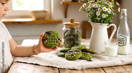 Homemade Green Cookies in Rustic Kitchen With Child Hand