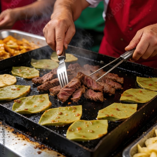 chef grilling sliced beef steak and fresh nopal cactus paddles on hot