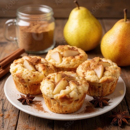 Freshly baked pear muffins topped with cinnamon on a rustic wooden