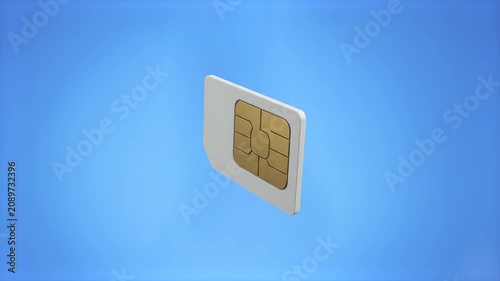 A clean 3D rendering of a standard white mobile phone SIM card with a detailed golden electronic microchip, floating at an angle against a solid blue backdrop. Perfect for telecommunications marketing