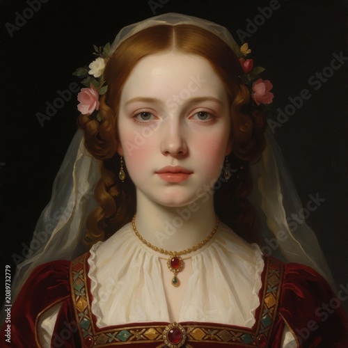 Renaissance style portrait of young noblewoman with floral wreath