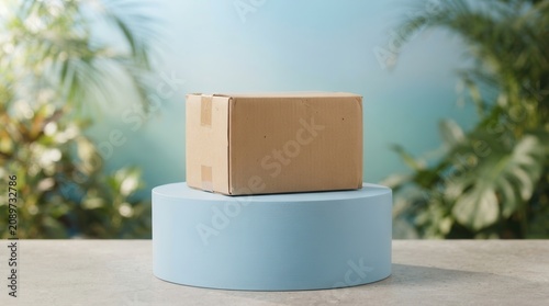 Cardboard box on light blue pedestal in garden setting