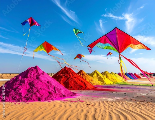 Vibrant Colorful Kites Soaring Above Bright Powder Color Mounds on a Sky Blue Background, Joyful Festival Celebration and Spring Holiday Concept