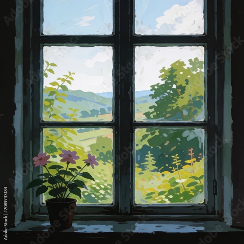 window view with potted flowers overlooking a sunny green summer
