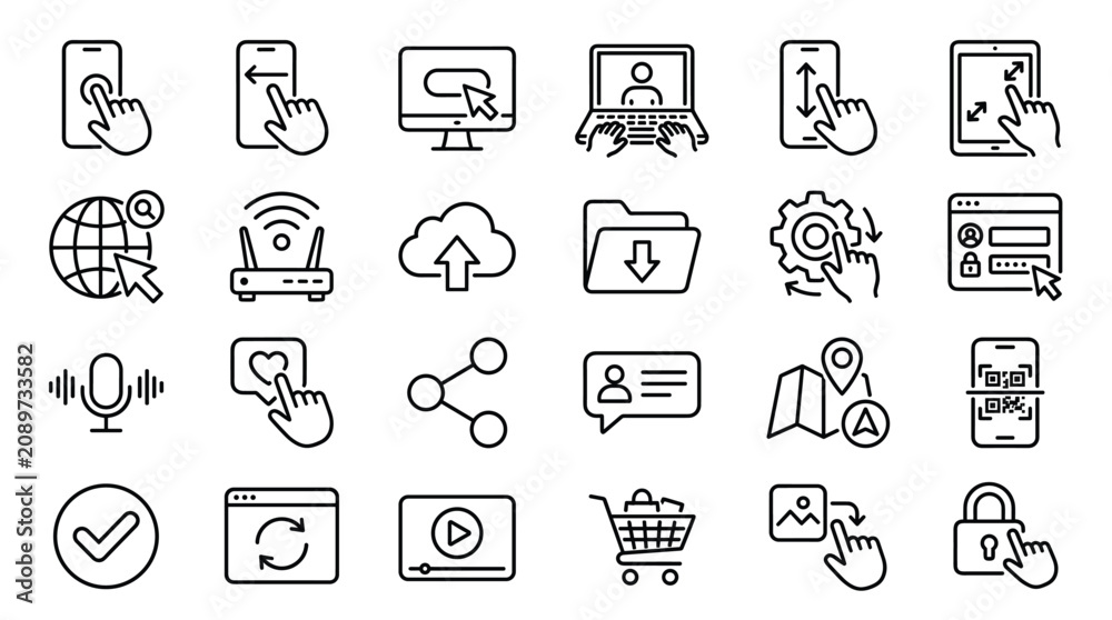 Fototapeta premium Modern technology line icons set, 24 digital interface and web navigation vector symbols, black outline internet and mobile app UI elements
