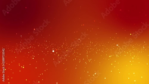 Vibrant abstract background with warm orange and red gradients featuring glowing golden bokeh particle lights and shimmering dust sparkles for festive or digital creative designs