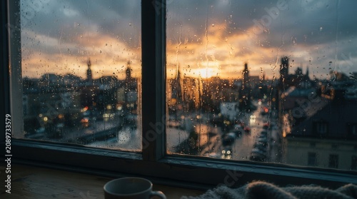 Dilapidated window with view of industrial city skyline at sunset