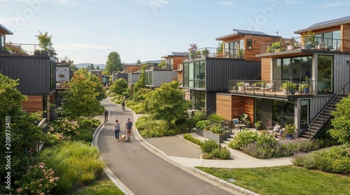 Modern eco houses in a lush green neighborhood with a winding path