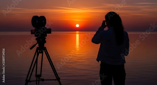 World photography day silhouette of photographer capturing stunning sunset over serene water landscape