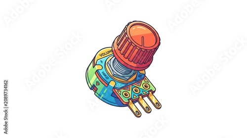 A cartoon style potentiometer with a volume knob and electrical connections.