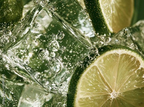 Macro clear ice cube with lime slice splash