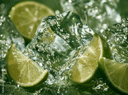 Macro clear ice cube with lime wedges and bubbles